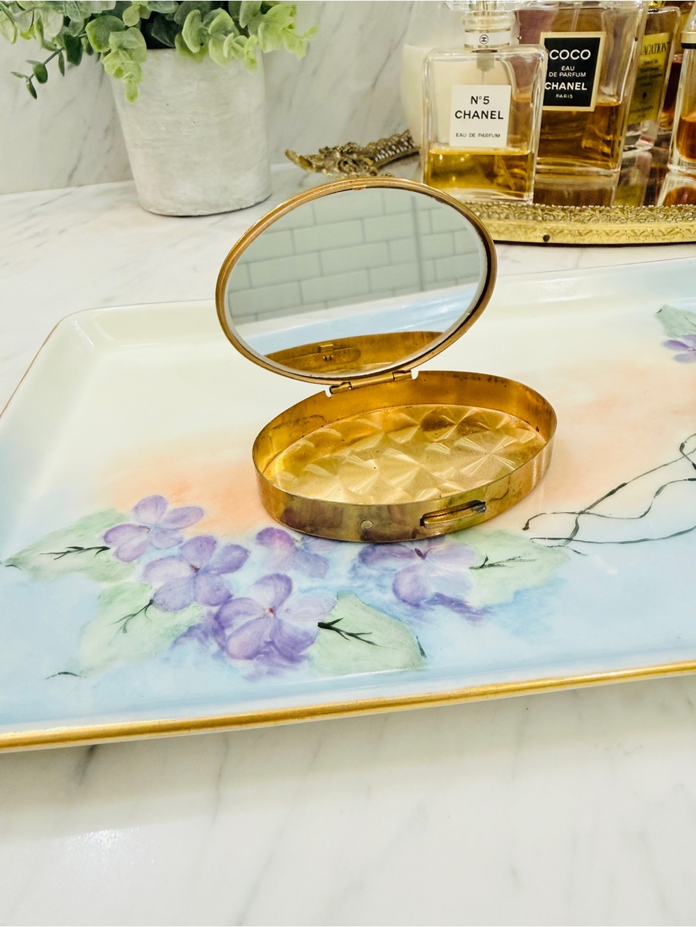 Antique French Vanity Tray & Vintage Brass Oval Compact Mirror